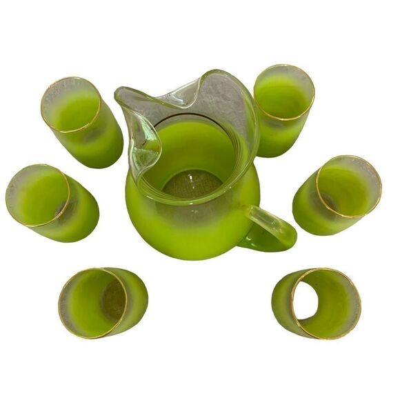 Vintage MCM Kitchen Blendo Lime Green Pitcher 6 Glass Set - Picture 5 of 10